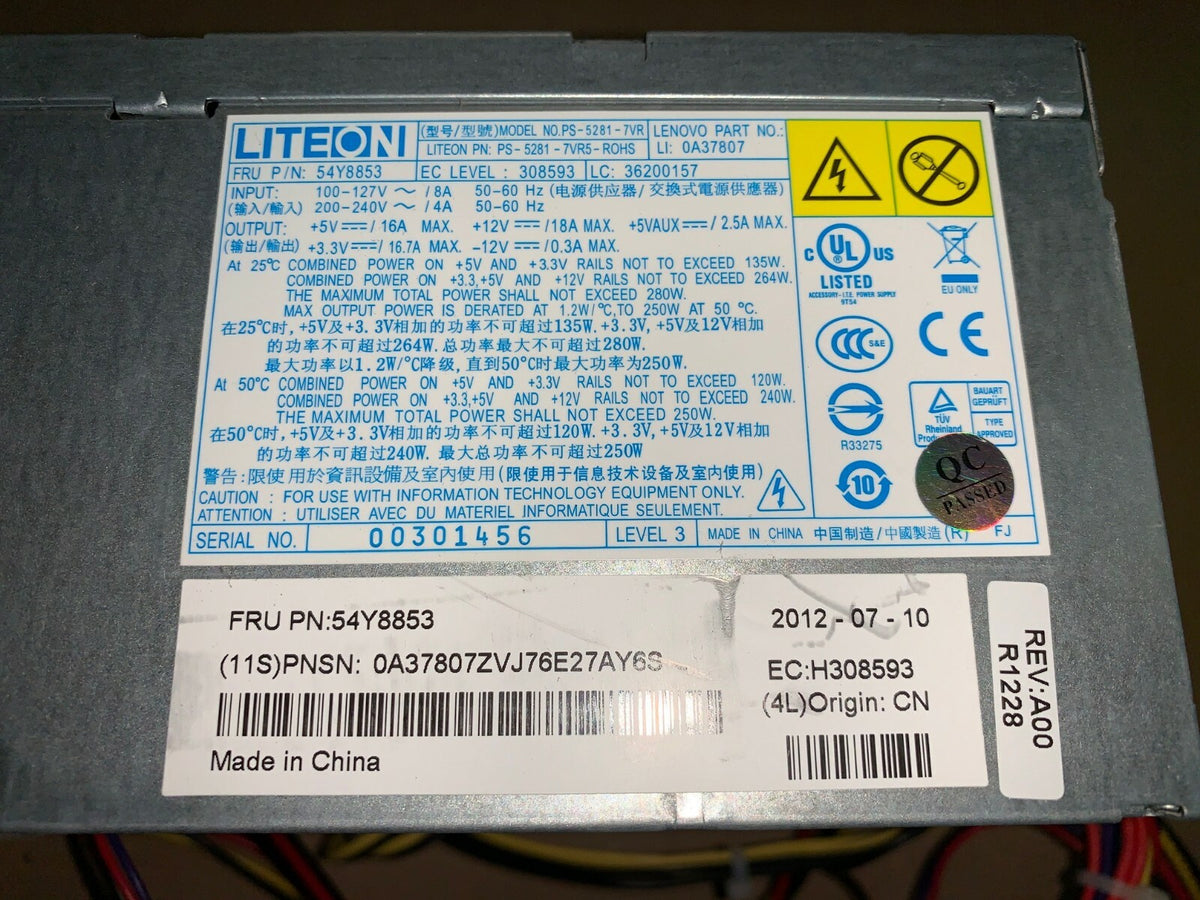LiteOn PS-5281-7VR 54Y8853 Lenovo ThinkCentre Desktop 250W Power Supply TESTED!