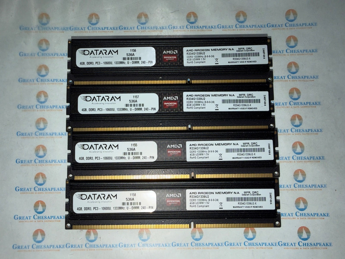 Lot of 4 DATARAM R334G1339U2-X 16GB Total (4GBx4) PC3-10600U DDR3 UDIMM TESTED!