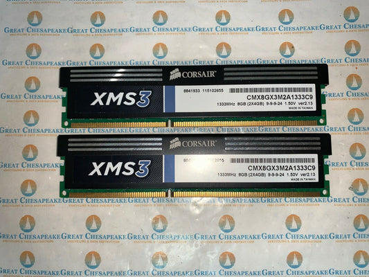 Lot of 2 Corsair CMX8GX3M2A1333C9 8GB Total (4GBx2) PC3-10600 DDR3 SDRAM Memory