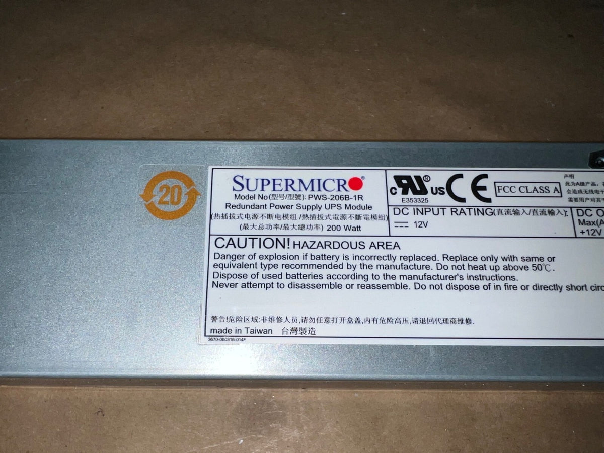SuperMicro PWS-206B-1R 200W Redundant 1U Battery Backup Server Power Supply